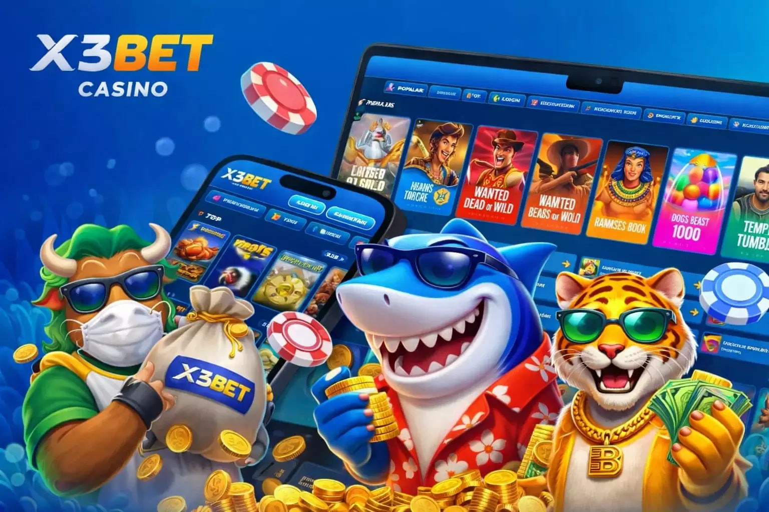 Colorful X3BET casino graphic featuring animated characters, slot games, and casino chips, showcasing a fun gaming experience.