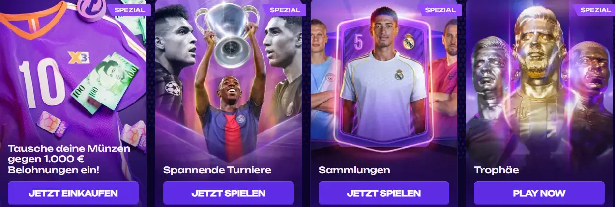A digital promotional image featuring four sections with character illustrations and casino bonuses. Each section highlights different offers: bonuses up to €600, 50 free spins, cashback up to €3,000, and 50 free spins. Text buttons at the bottom of each